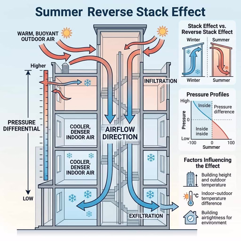 An educational infographic illustrating the summer reverse stack effect, showing airflow direction, pressure differentials, and building energy efficiency then AC makes fireplace smell in Phoenix, AZ.