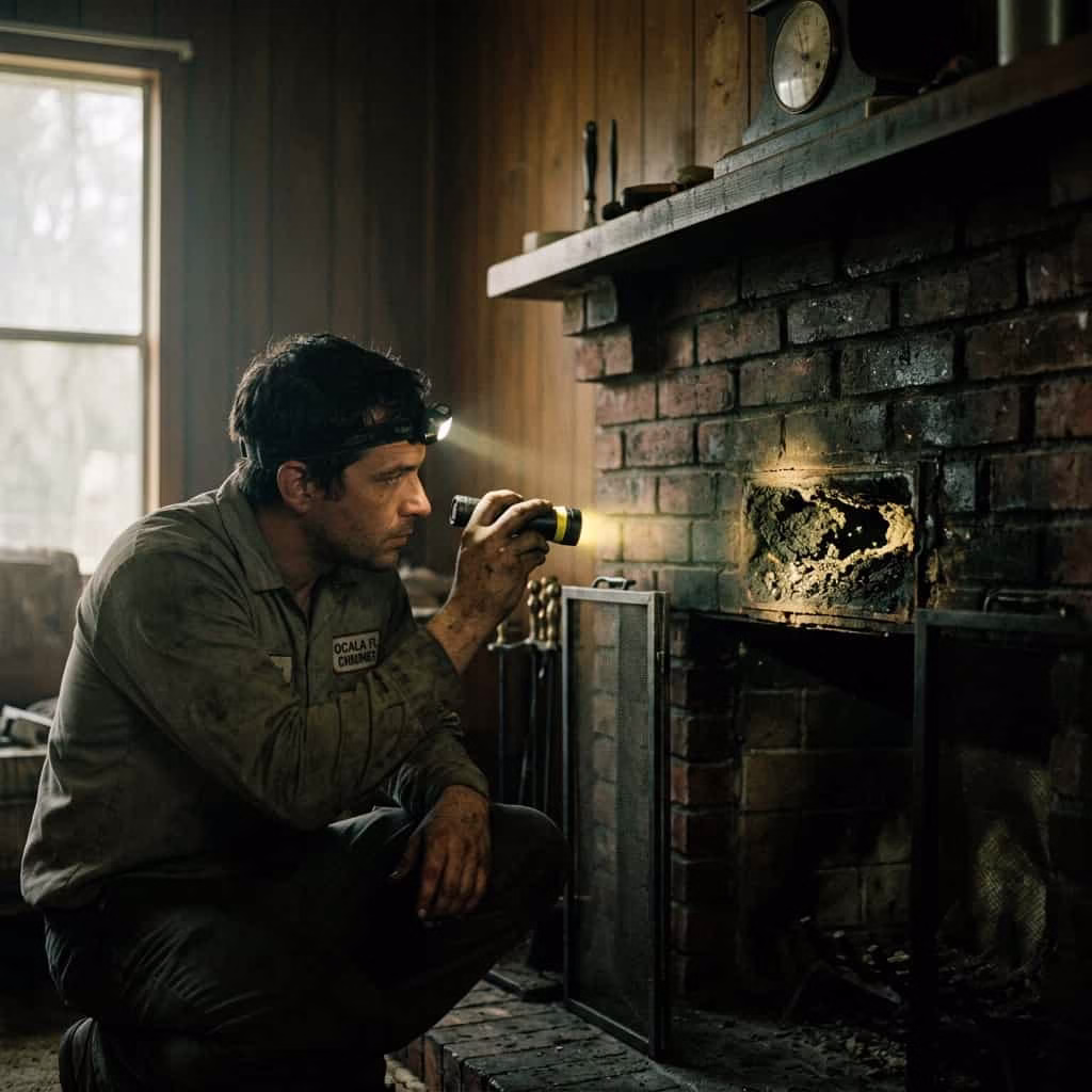 Best Chimney Sweep in Ocala FL performing a detailed fireplace inspection with a flashlight in Ocala, FL.