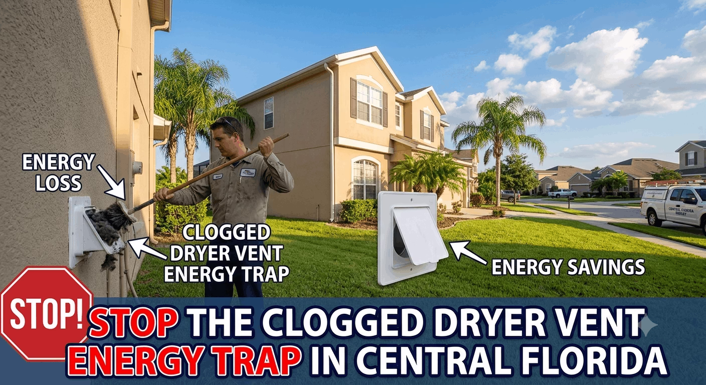 A professional service technician clearing a heavily clogged dryer vent filled with lint outside a central Florida home in Orlando. Text overlays point out energy loss from the clogged vent trap versus energy savings from a clean, properly covered vent in a sunny suburban neighborhood.