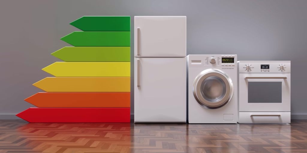 A row of white home appliances including a refrigerator, front-load washing machine, and electric oven standing next to a colorful green-to-red energy efficiency rating chart on a wood floor in an Austin, Texas showroom.