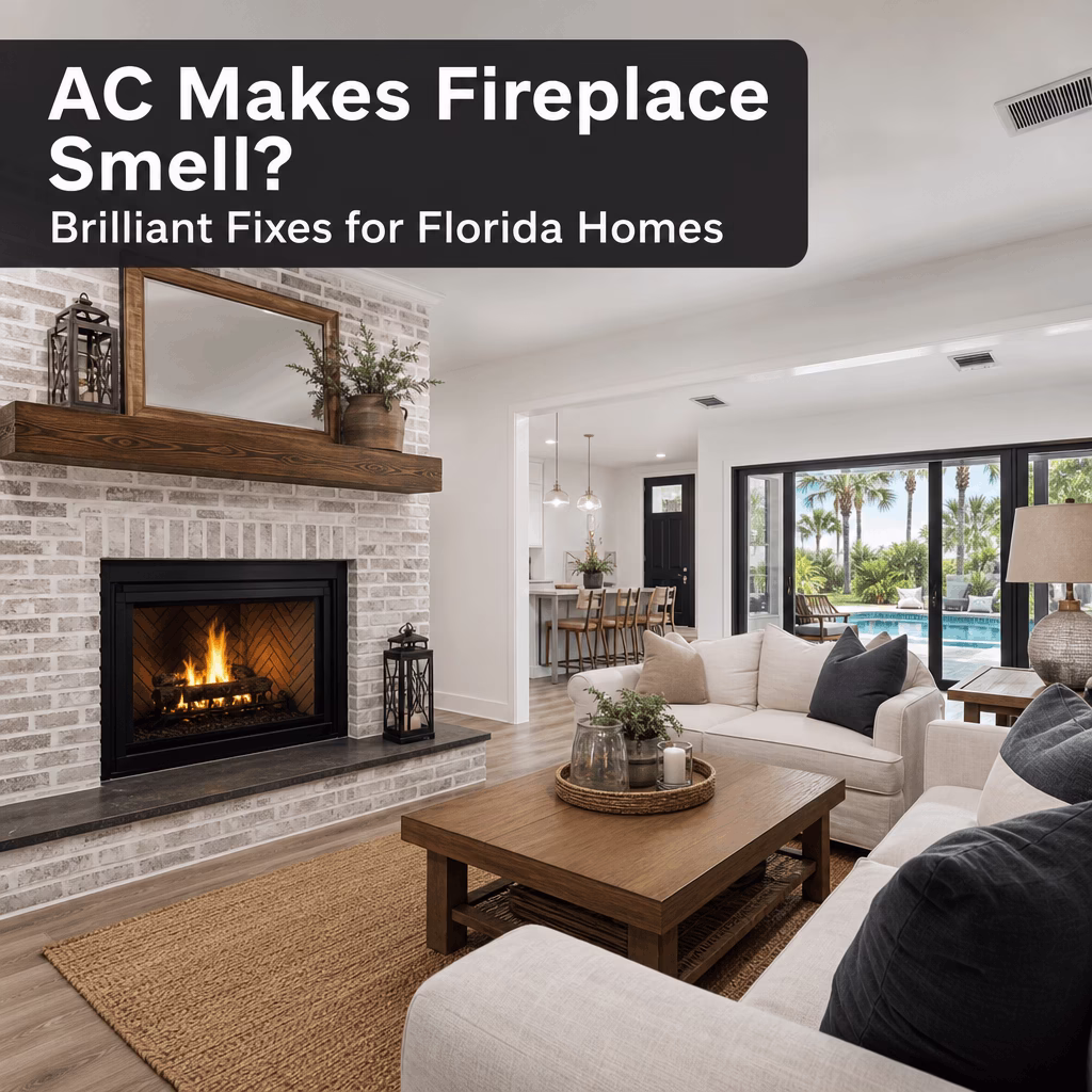 A cozy living room in an Orlando, FL home featuring a brick fireplace and an AC vent, demonstrating common issues with fireplace odors.