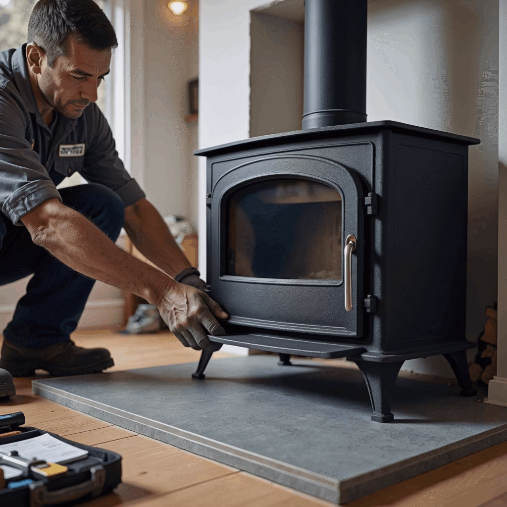 A professional technician carefully installing a black wood burning stove in a home and wood burning stoves near me in Portland, OR.