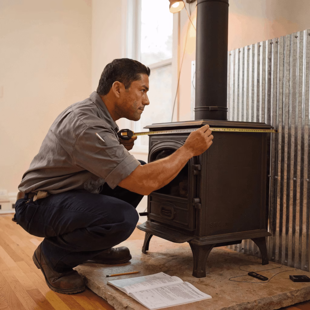 Professional technician measuring a wood-burning stove for a safe and code-compliant Wood Stove Installation Near Me in Denver, CO.